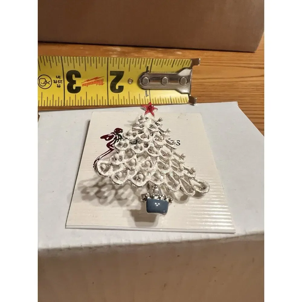 Christmas Tree Brooch Holiday Pin Enamel White tone Crystal Accent
